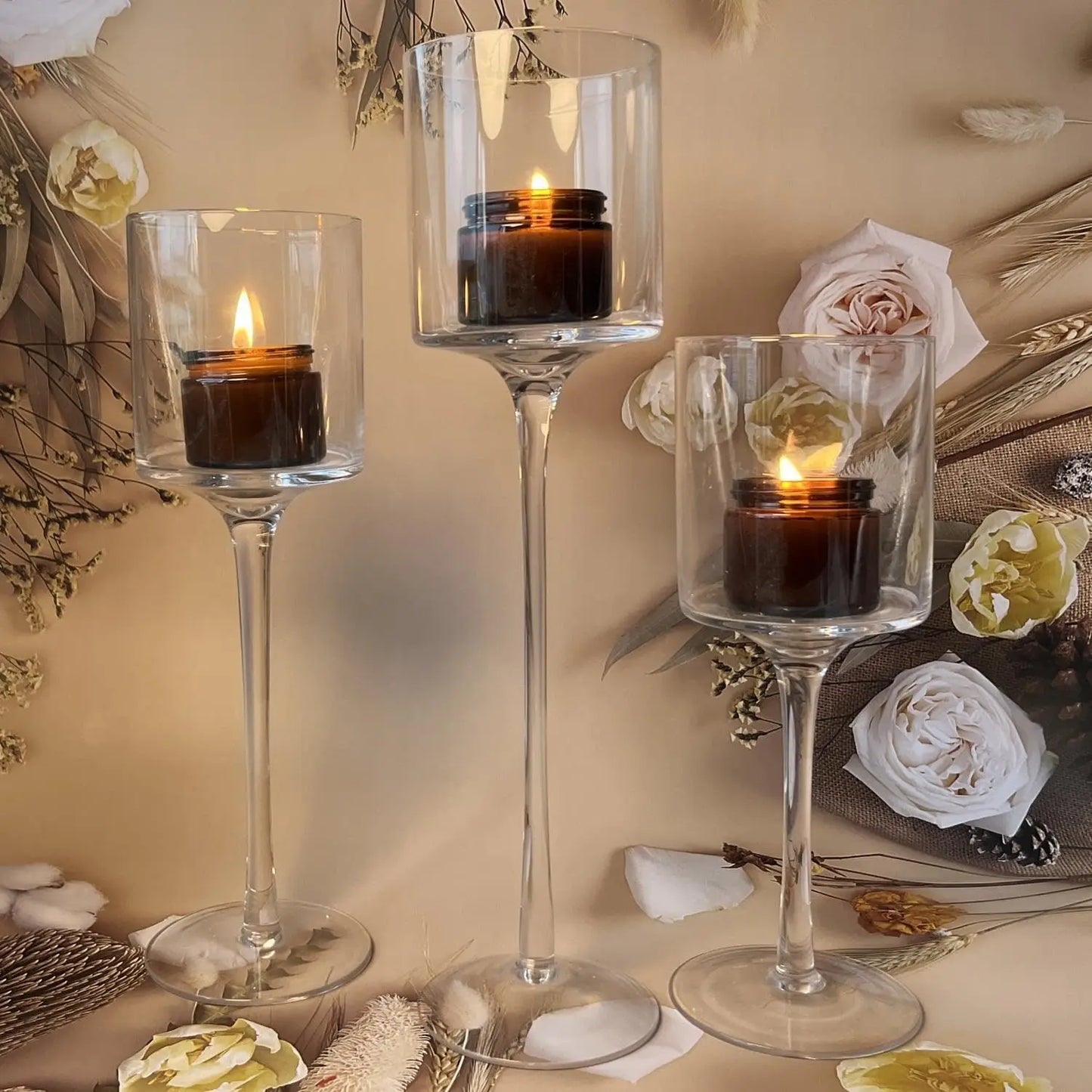 Glass Candleholders Tea Light Candle Holders Clearl for Dining Party Home Decor Different Sizes (6 Sets Large Clear)