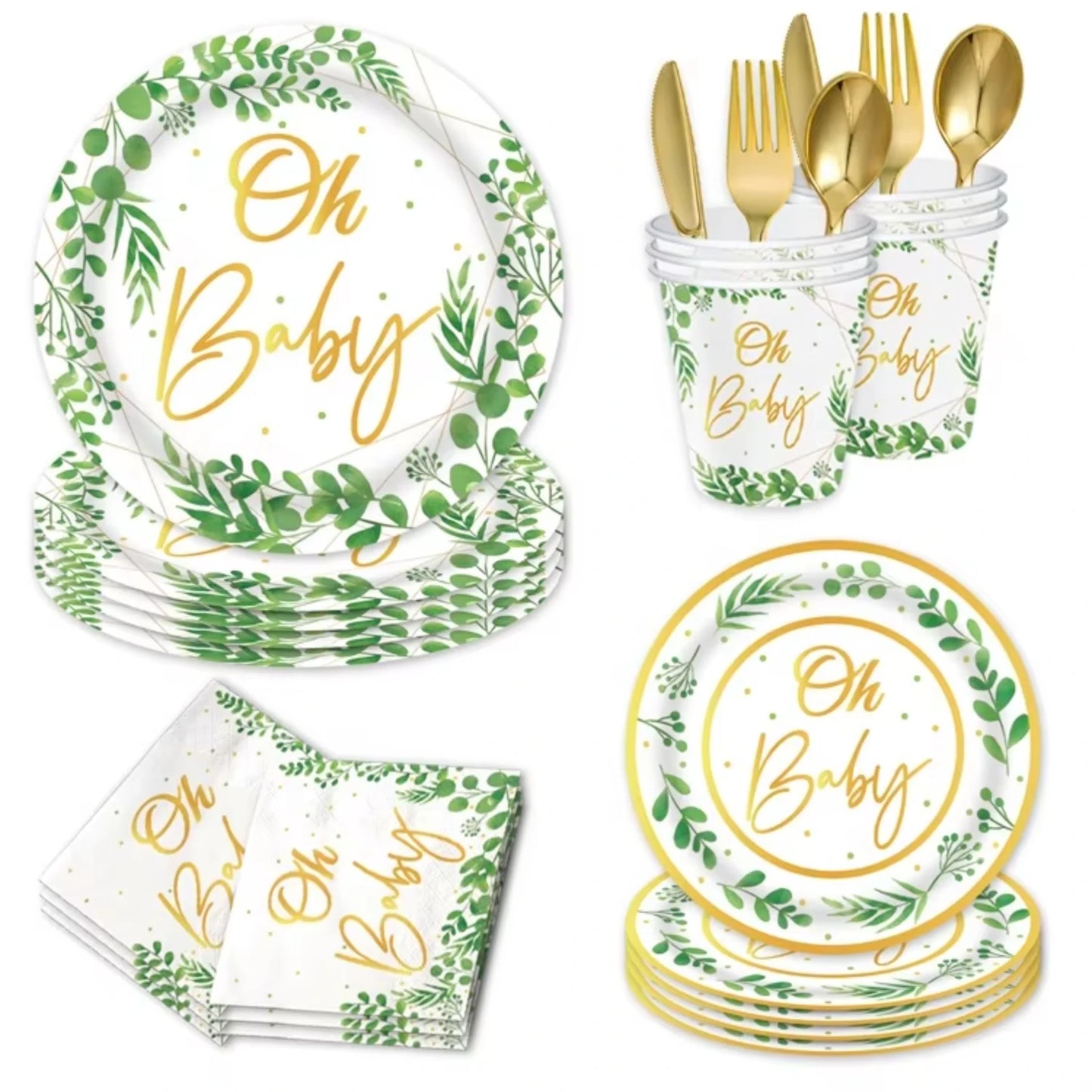 16 sets  Sage Greenery Baby Shower Party Supplies