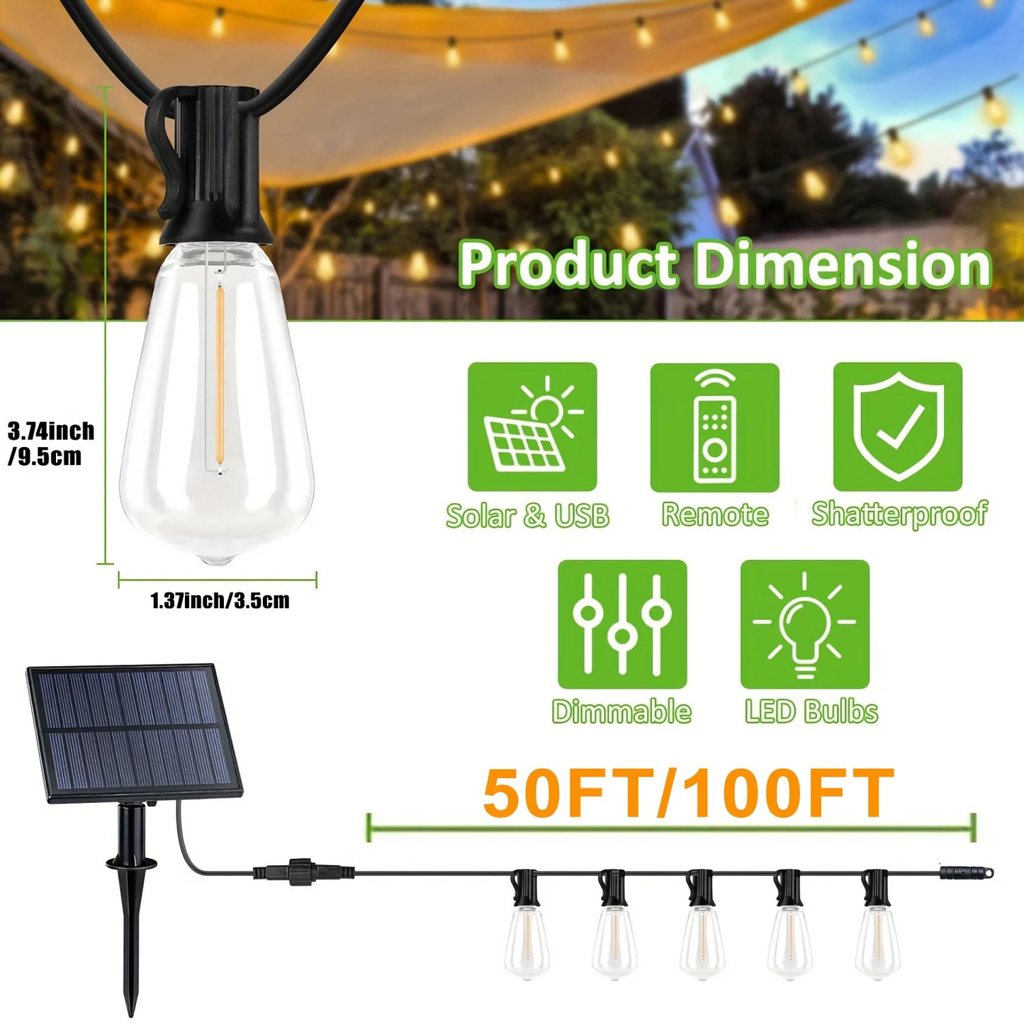 50/100FT Remote Dimmable Solar String Lights