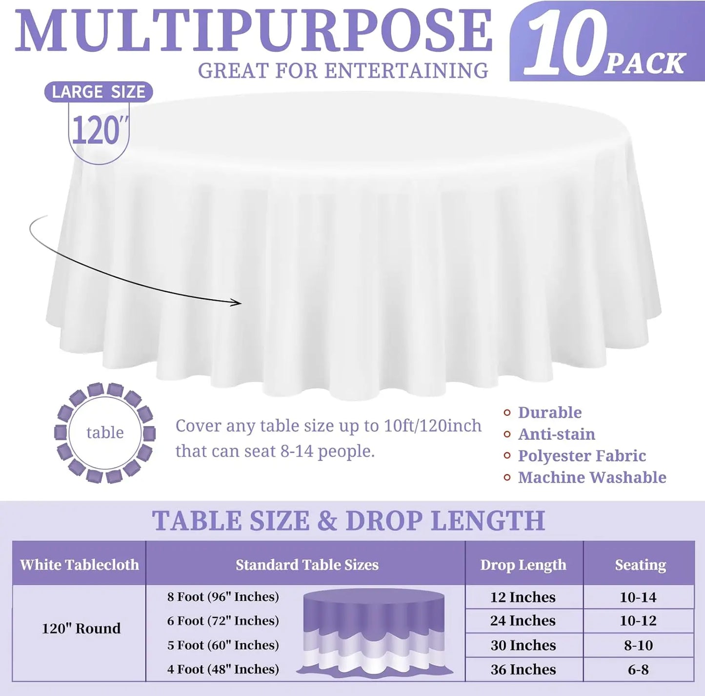 10 Pack White Round Table Covers - 120 Inch