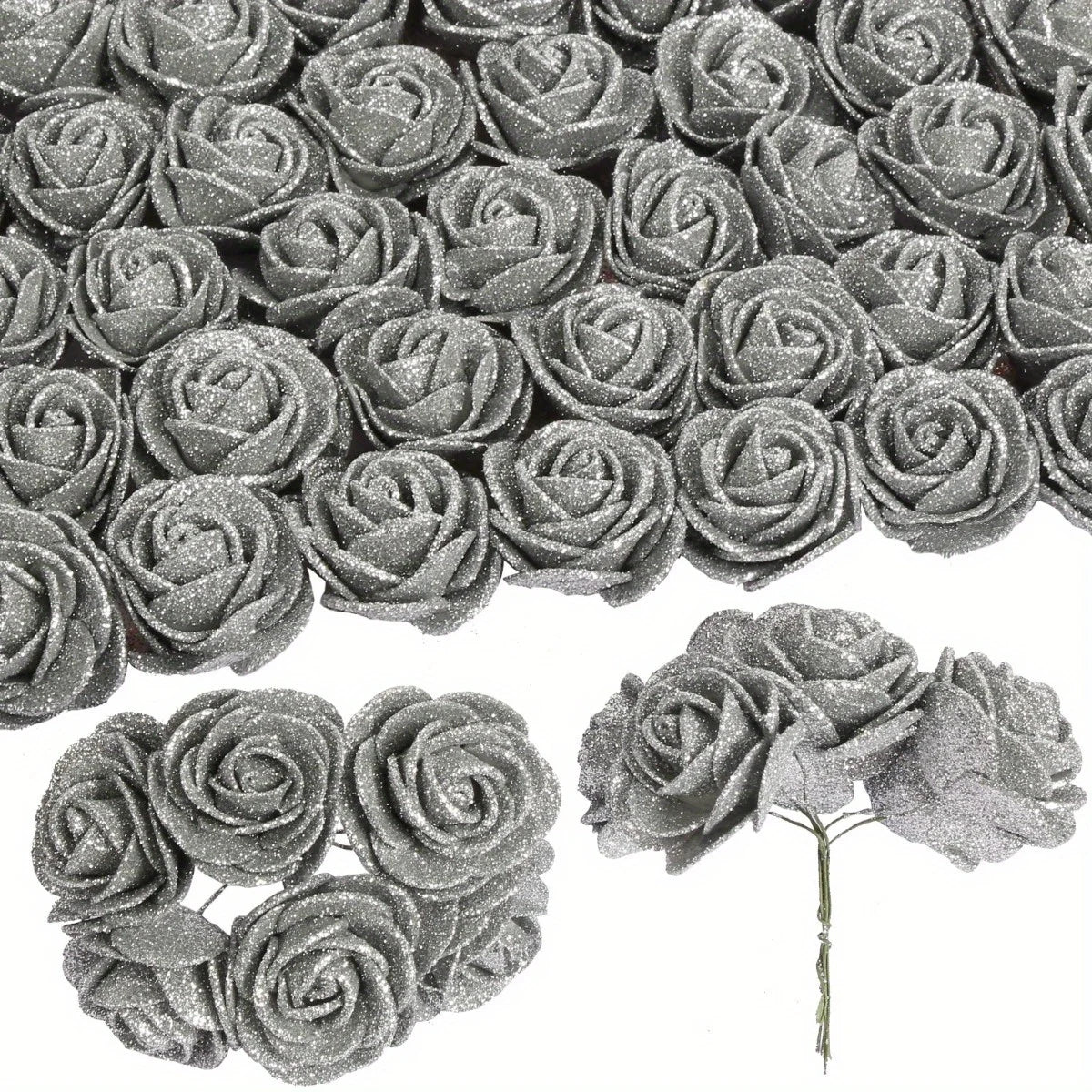 60Pcs Artificial Foam Flowers Glitter Roses with Stems