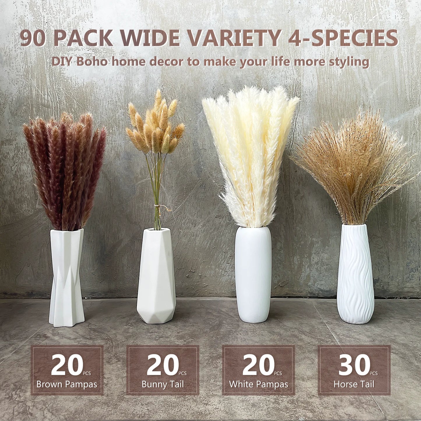 90 Pcs 17.5 Inch Natural Dried Pampas Grass Set